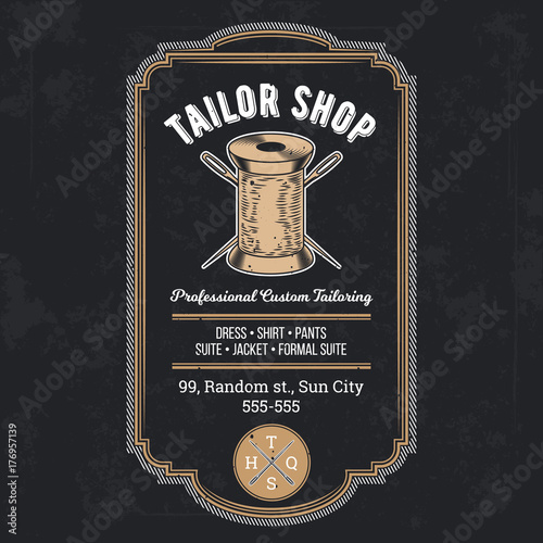 Tailor shop emblem or signage with logo and business information vector illustration in retro style. Custom, individual sewing handiwork small business brand sticker, label or badge design template