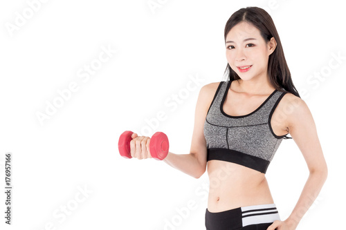 Young fitness woman with dumbbells isolated on white background