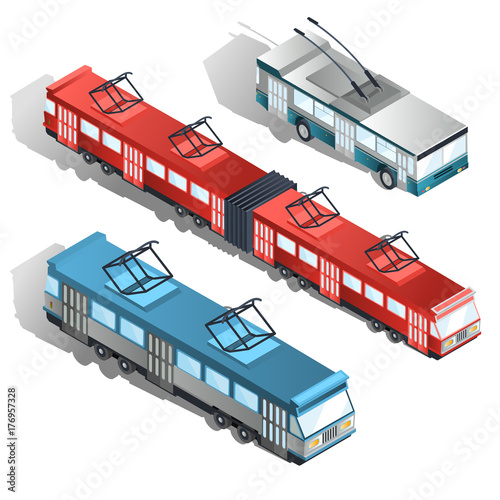 Set of various passenger city transport isometric projection vector illustrations isolated on white background. Trams and trolleybuses collection. Modern public urban transport
