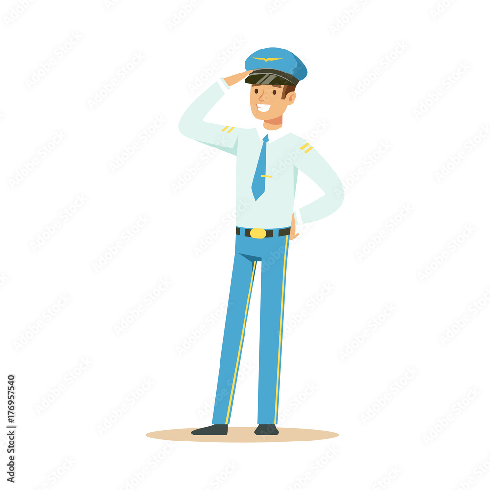 Smiling airline pilot in uniform standing and saluting vector Illustration Smiling airline pilot in uniform standing and saluting vector Illustration