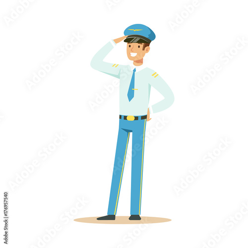 Smiling airline pilot in uniform standing and saluting vector Illustration