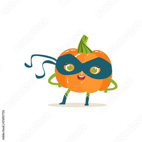 Cheerful cartoon character of superhero pumpkin