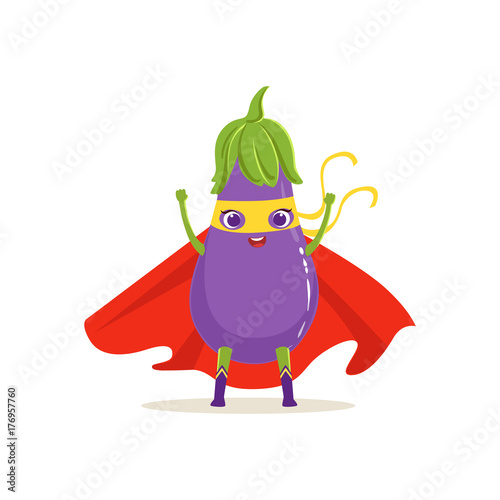 Cartoon character of superhero eggplant with hands up