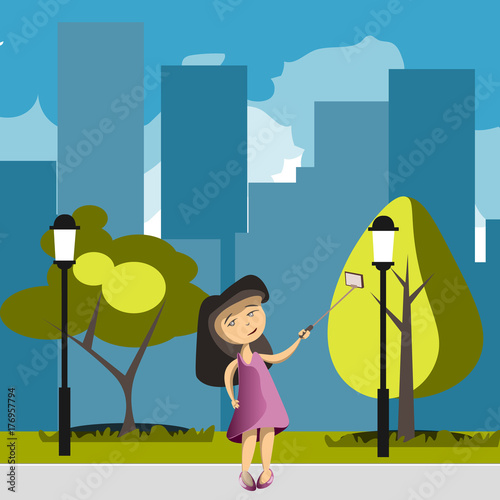 Flat girl with phone selfie in park