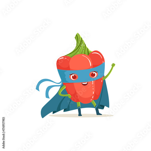 Cartoon character of superhero pepper with hand up