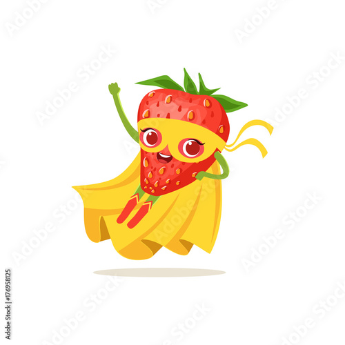 Cartoon character of superhero strawberry flying up