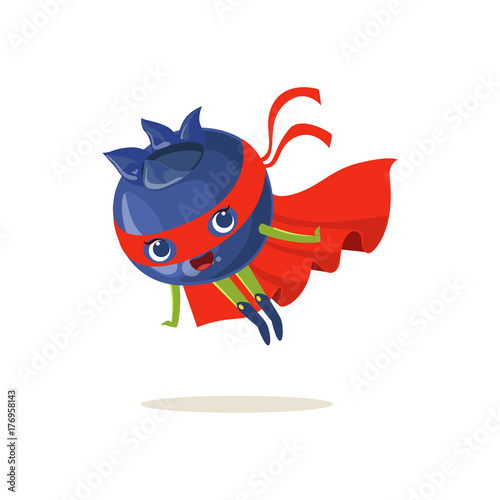 Cartoon character of superhero blueberry flying up