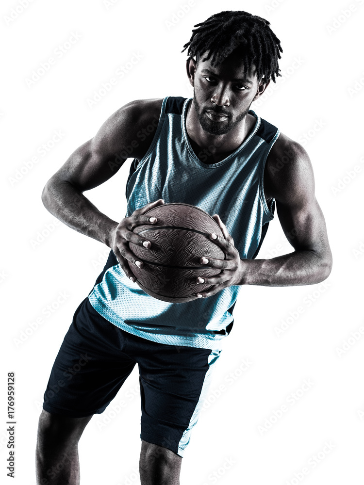 Fototapeta premium one afro-american african basketball player man isolated in silhouette shadow on white background