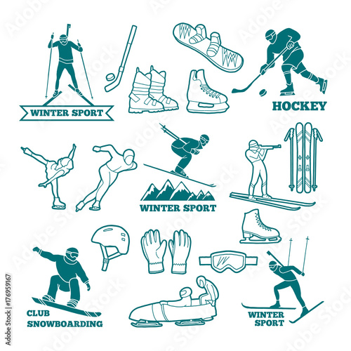 Biathlon, sled, skis and other winter sports monochrome illustrations. Symbols for labels and logos design