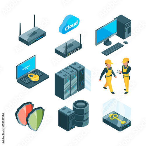 Isometric icon set of different electronic systems for datacenter