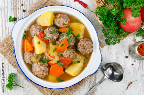 Meatballs in a thick vegetable soup Albondigas