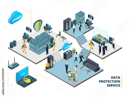 Telecommunications tools. Big datacenter with specific systems and cloud servers. Isometric illustrations of network company interior