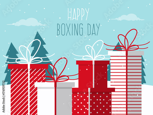 Happy Boxing Day. Background with Christmas Gifts on Winter Day. Flat Design Style. 