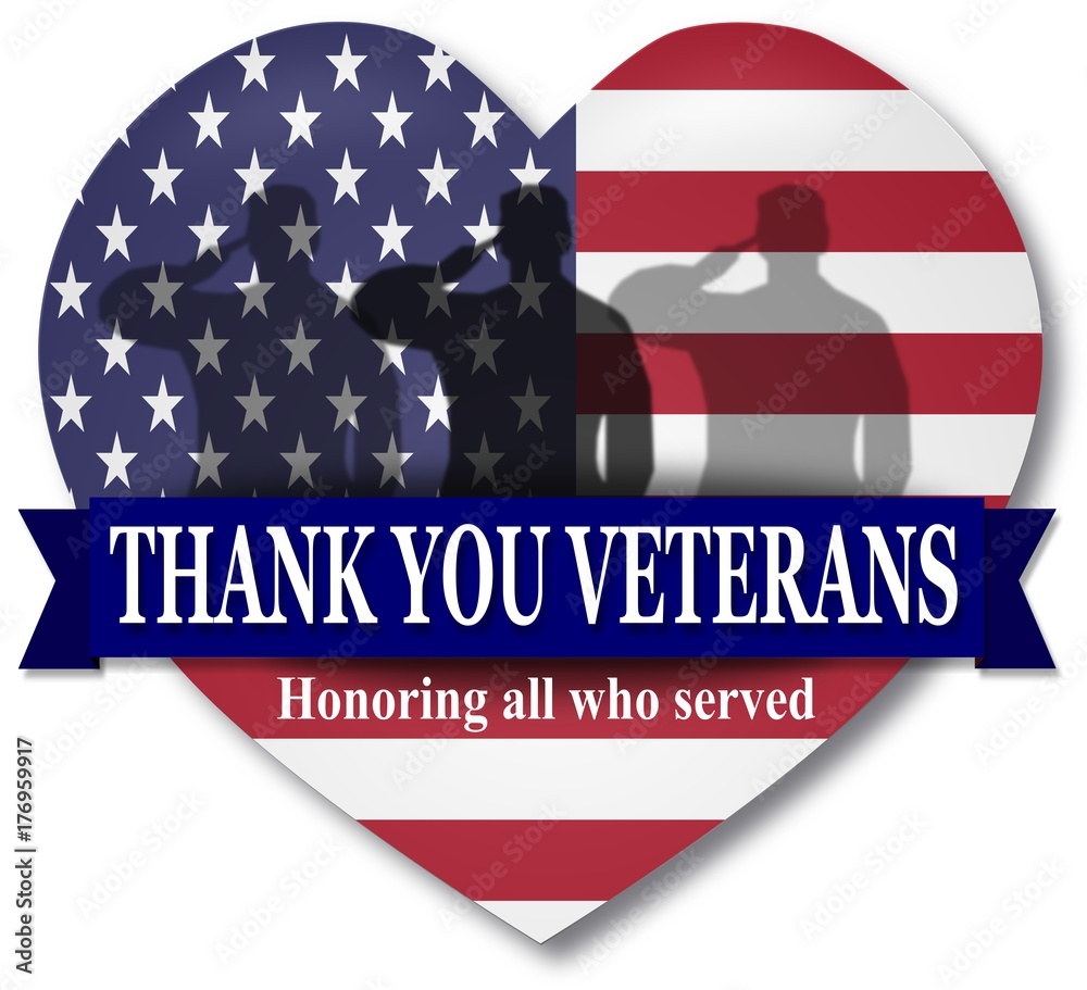 Thank YOU Veterans day. Vector Banner Heart with USA flag and ribbon