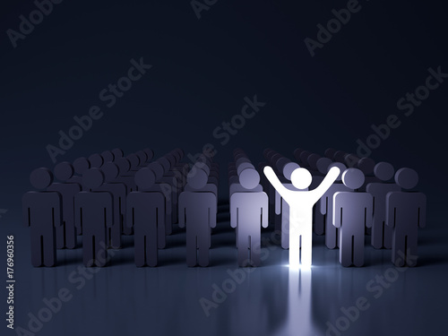 Foto Stand out from the crowd and different creative idea concepts , One glowing light man standing with arms wide open among other people in the row on dark blue background with reflection