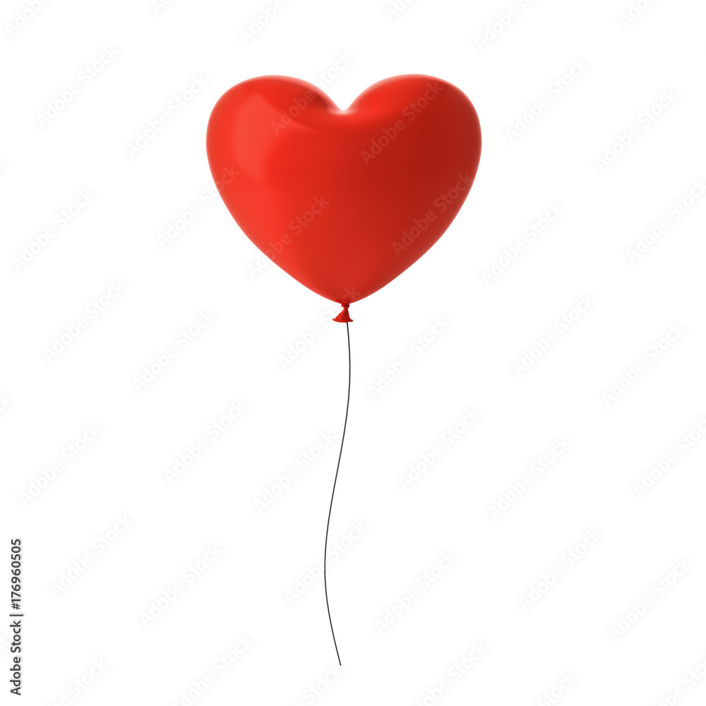 Red heart balloon isolated on white background with window reflection . 3D rendering.