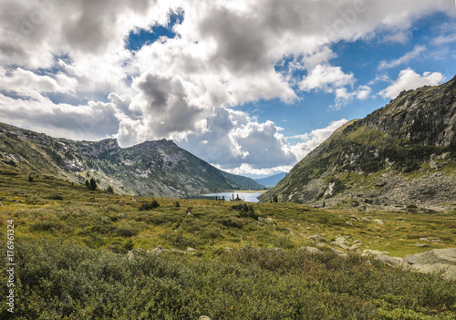 Daylight landscape, view on mountains and lake, Ergaki