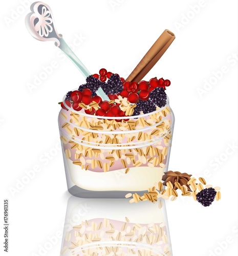 Oatmeal jar with yogurt and berry fruits Vector