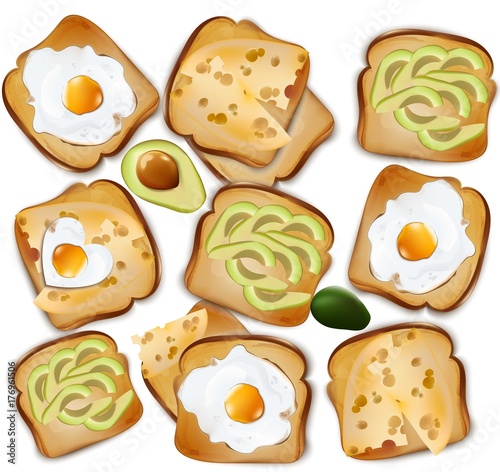 Healthy Toasts breakfast. Realistic Vector illustrations Top view