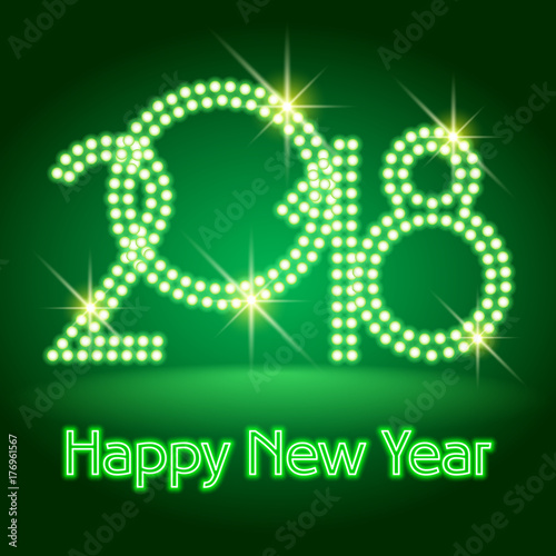 Vector chic light up Happy New Year 2018 Greeting Card. Neon Alphabet contains Graphic Style
