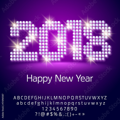 Vector light up disco Happy New Year 2017 greeting card with set of letters, symbols and numbers.