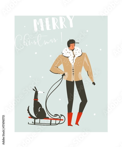 Hand drawn vector abstract fun Merry Christmas time cartoon illustration set with father walking in winter clothing with dog on sleigh isolated on blue background.