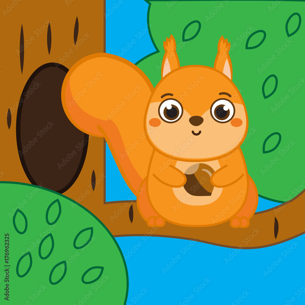 Cartoon squirrel sitting on tree branch holding hazelnut Cartoon squirrel sitting on tree branch holding hazelnut