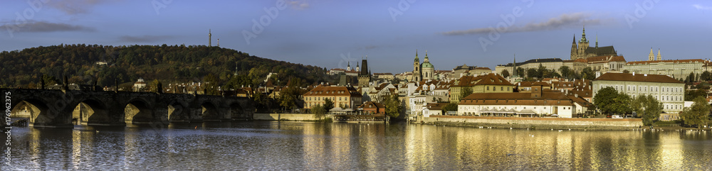 Panorama of River Vltava and Charles bridge looking towards Prague castle