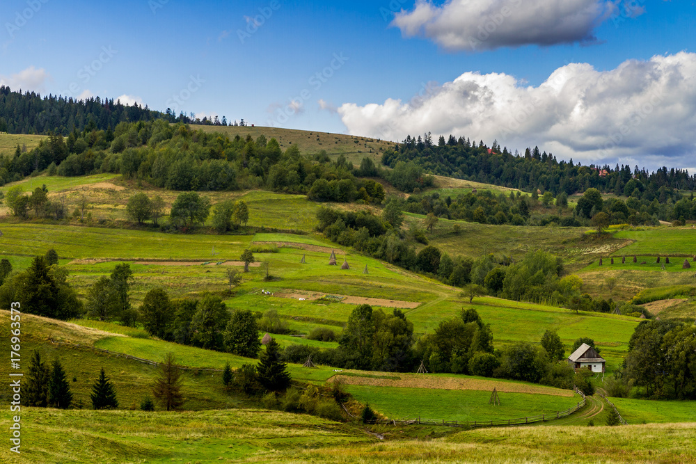 Rural house near the agricultural land in the Carpathian Mountains