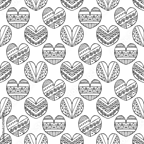 Vector hand drawn seamless pattern, decorative stylized childish hearts. Doodle style, tribal graphic illustration Cute hand drawing Series of doodle, cartoon, sketch illustrations
