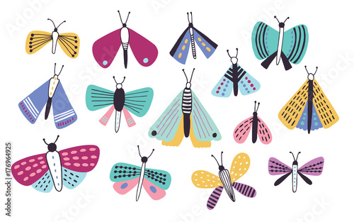 Collection of bright colored cartoon moths of different types and sizes isola...