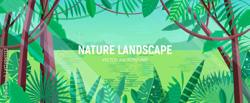 Beautiful landscape with green leaves of tropical trees and plants growing in...