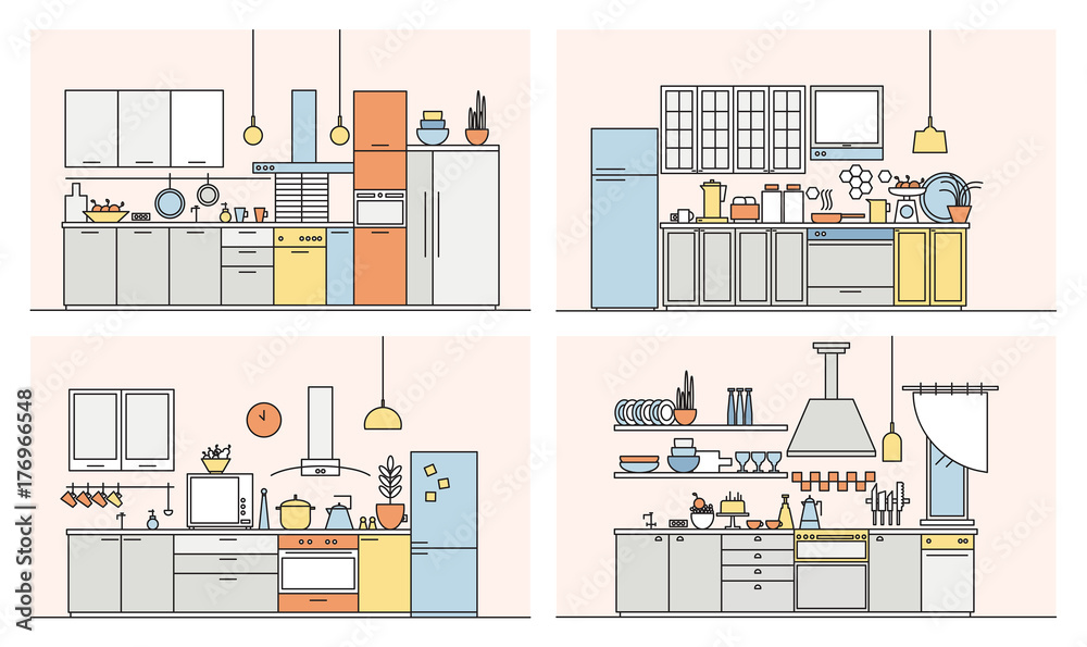 Collection of kitchens full of modern furniture, household appliances, cookware, cooking facilities and home decorations. Set of elegant interiors drawn in line art style. Vector illustration.
