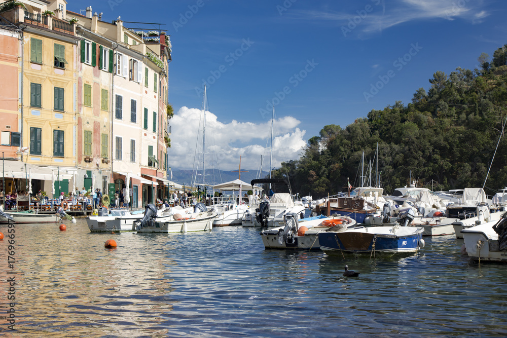 Small boats moored in Portofino harbour, Italy