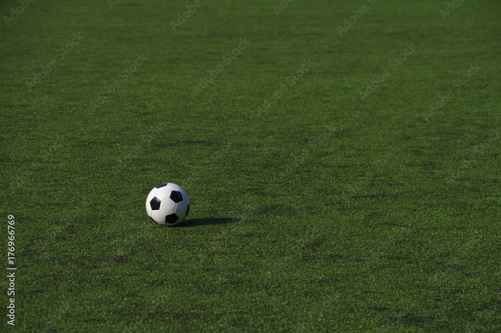 Traditional soccer ball on green grass playground. Traditional soccer ball on green grass playground.