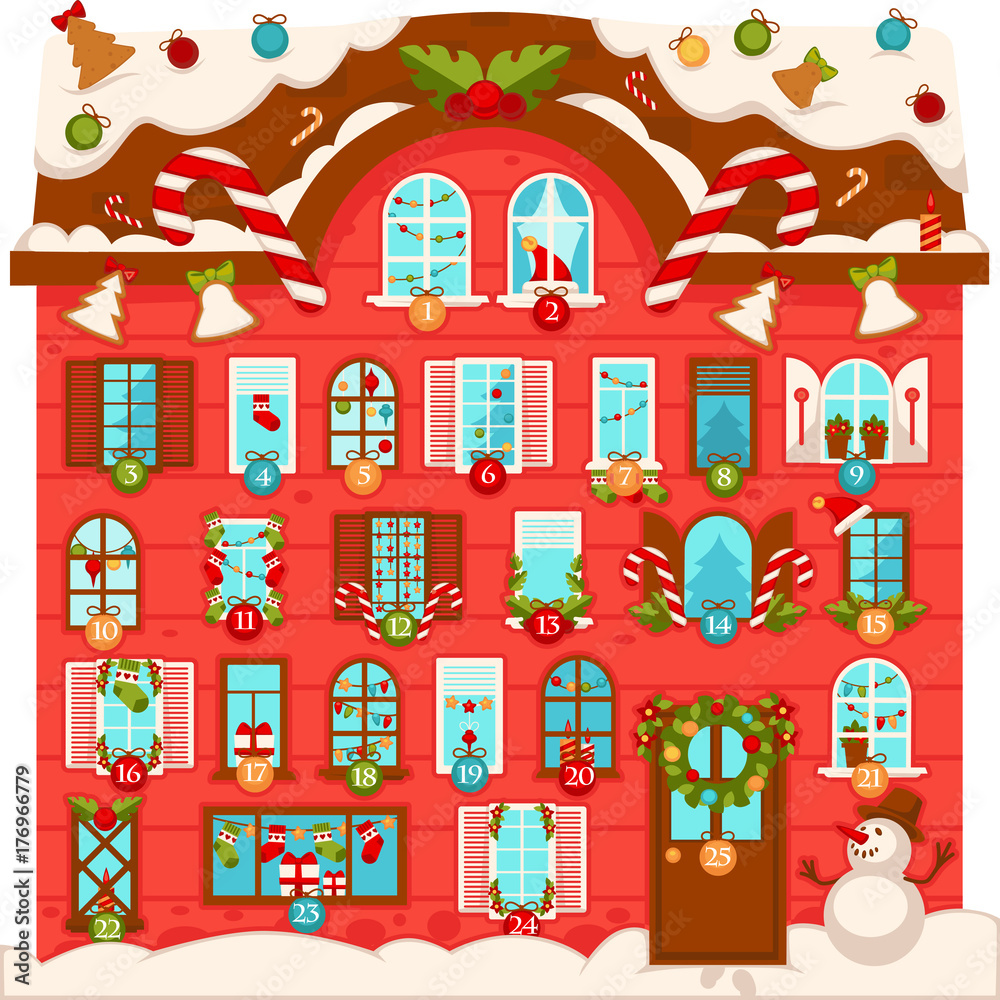 Huge Christmas house with lot of large numbered windows Huge Christmas house with lot of large numbered windows