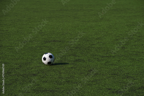 Traditional soccer ball on green grass playground. © pavel_shishkin