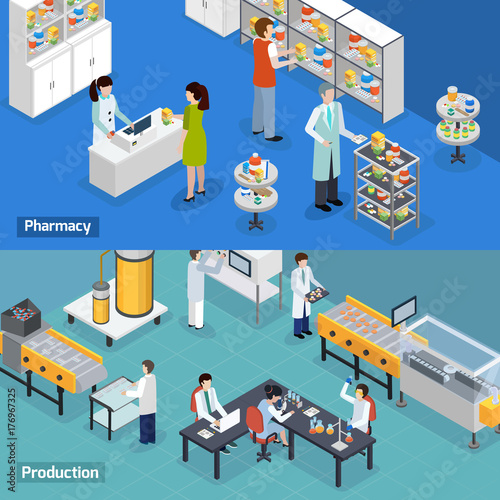 Pharmaceutical Production 2 Isometric Banners