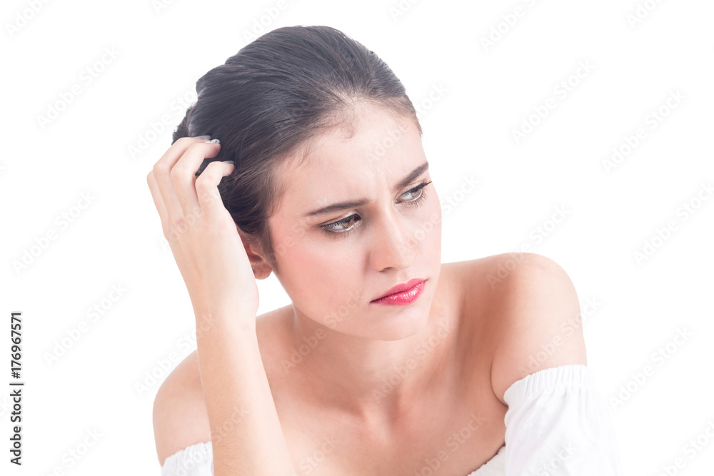 Woman headache and holding head isolated on white background