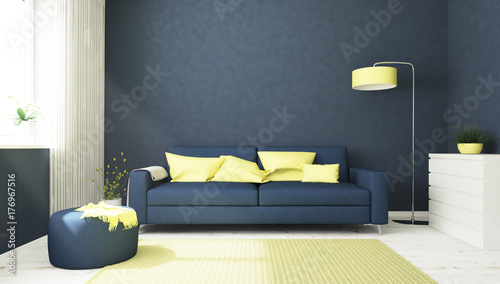 blue and yellow living room