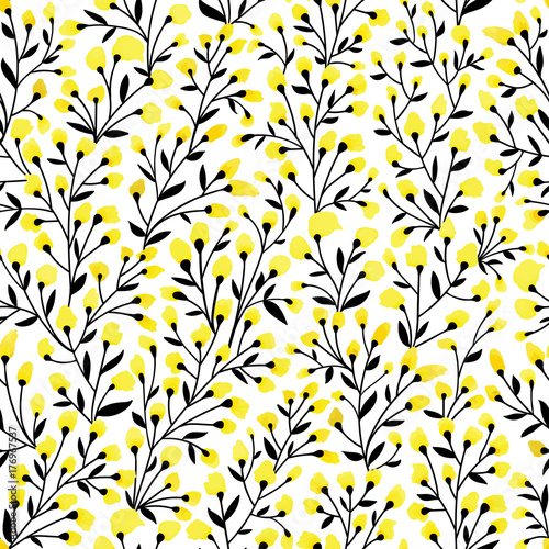 Floral seamless pattern design. Branch with small flowers and leaves. Cute hand drawn vector illustration. Black and yellow elements on white background.