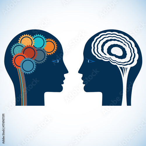 Gear wheels and a brain, rational and creative thinking heads of two people