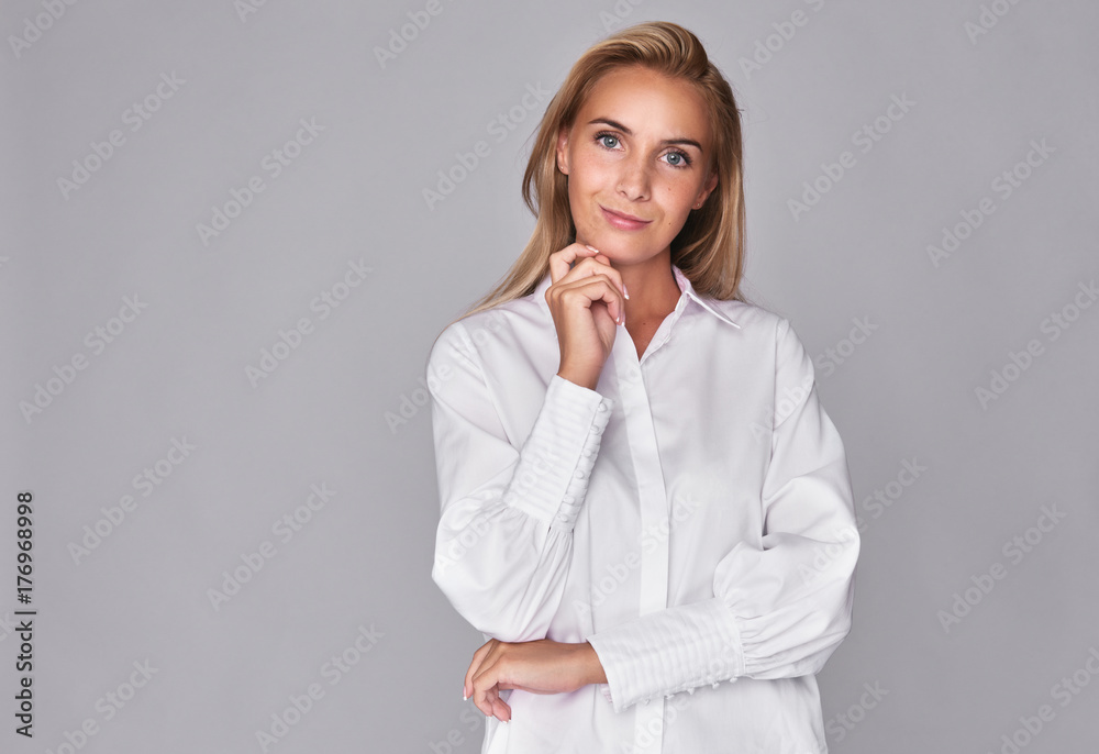 pretty young woman thinking. Isolated