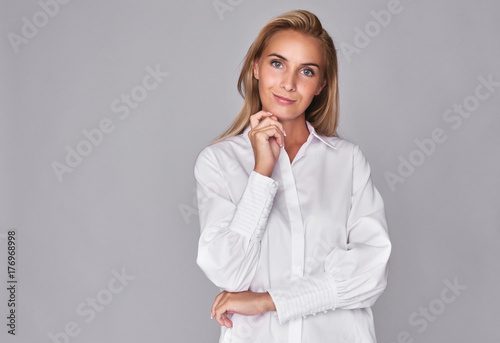 pretty young woman thinking. Isolated