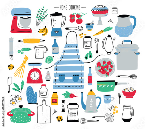 Collection of hand drawn kitchen utensils, manual and electric tools for home cooking, cookware, food ingredients, spices and homemade meals isolated on white background. Colorful vector illustration.