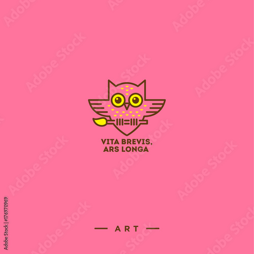 Art hipster logo on a pink logo. Owl with a brush on a pink background.