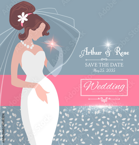 Wedding Invitation. Brunette Bride in Wedding Dress. Bridal Shower. Vector illustration