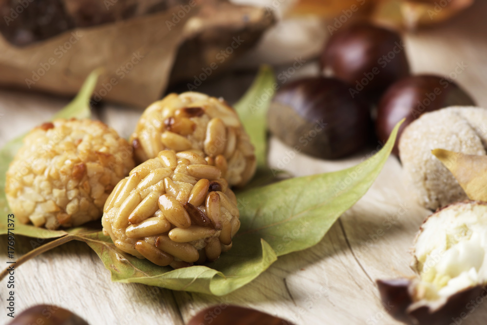 chestnuts and panellets, typical of Catalonia chestnuts and panellets, typical of Catalonia