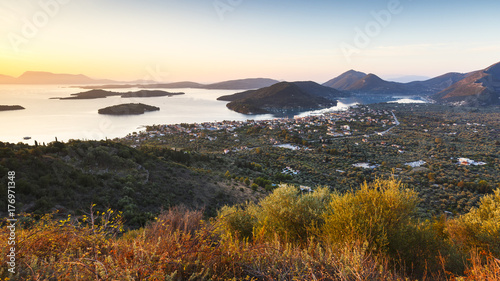 Fotografie Morning view of Nydri village on Lefkada island and several islands, Greece