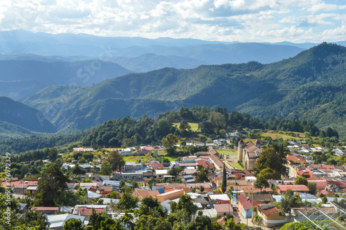 The panoramic landscape of Capulalpam de Mendez village in the highlands of Oaxaca, Mexico. It is one of the “Pueblos Magicos” towns
